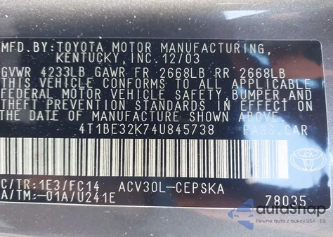 2004 Toyota Camry Se из США, поврежденный, VIN 4T1BE32K74U845738